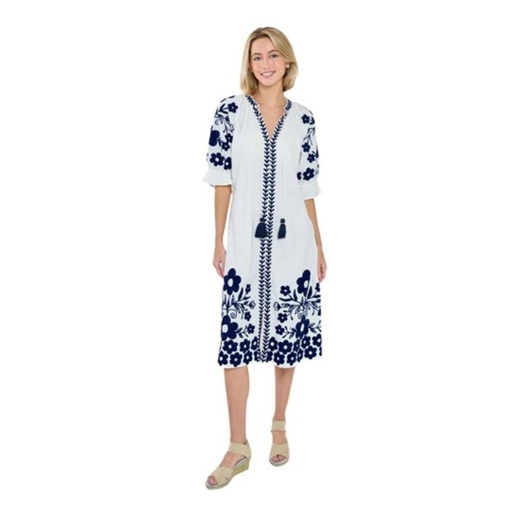 Alex Marie White Navy Embroidered Midi Dress